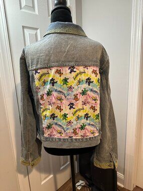 Grateful Dead Dancing Bears Blue Denim Jean Jacket with Rainbow Stitching (XXL)